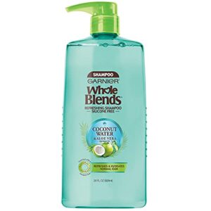 garnier whole blends refreshing coconut water and aloe vera extracts weightlessly hydrating shampoo for normal hair, paraben and silicone free, 28 fl. oz.