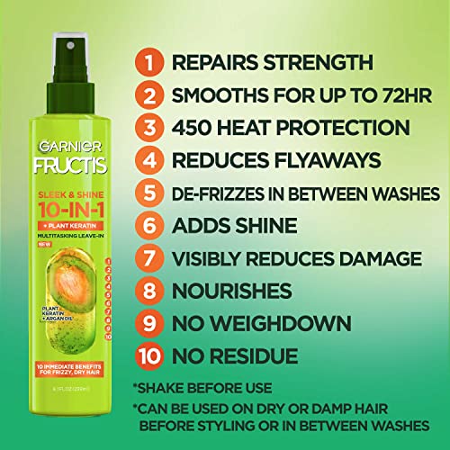 Garnier Fructis Sleek and Shine 10-in-1 Hair Care and Heat Protectant Spray to Help Smooth, Protect and Strengthen Frizzy and Dry Hair, 8.1 Fl Oz