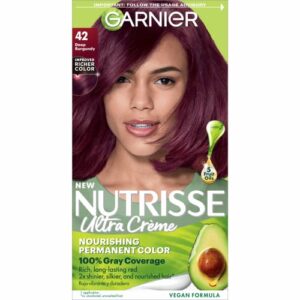 garnier hair color nutrisse nourishing creme, 42 deep burgundy (black cherry) red permanent hair dye, 1 count (packaging may vary)