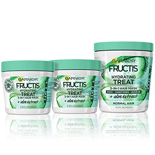 Garnier Fructis Hydrating Hair Treats 3-in-1 Mask with Aloe Vera Extract, 3 Piece Bundle, 1 400mL mask + 2 100 mL masks, 1 kit