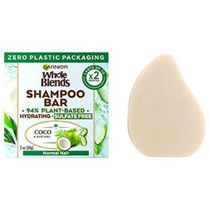 garnier haircare whole blends hydrating shampoo bar for normal hair, zero plastic packaging, free of preservatives, sulfates, silicones, soap & dye, with coconut oil & aloe vera, 2 oz