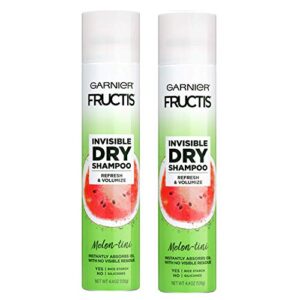 garnier haircare fructis style invisible dry shampoo melon-tini, refresh & volumize with no visible residue, powered by rice starch to instantly absorb oil, silicone free, 2 count
