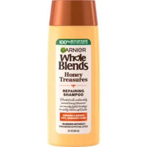 garnier whole blends honey treasures repairing shampoo, with sustainably sourced honey, for dry, damaged hair, travel size, 3 fl oz, 1 count (packaging may vary)