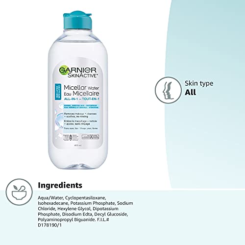 Garnier SkinActive Micellar Water For Waterproof Makeup, Facial Cleanser & Makeup Remover, 13.5 fl. oz, 1 count (Packaging May Vary)