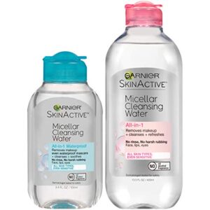 garnier skinactive micellar cleansing water, for all skin types, 13.5 fl oz + micellar cleansing water, for waterproof makeup, 3.4 fl oz