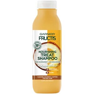 garnier fructis nourishing treat shampoo, 98 percent naturally derived ingredients, coconut, nourish and soften for dry hair, 11.8 fl oz
