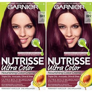 garnier hair color nutrisse ultra color nourishing creme, br2 dark intense burgundy (passion fruit) red permanent hair dye, 2 count (packaging may vary)