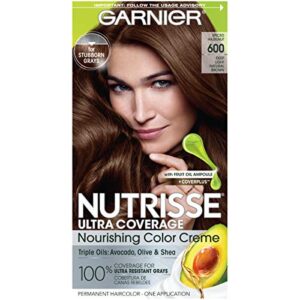 garnier hair color nutrisse ultra coverage nourishing creme, 600 deep light natural brown (spiced hazelnut) permanent hair dye, 1 count (packaging may vary)