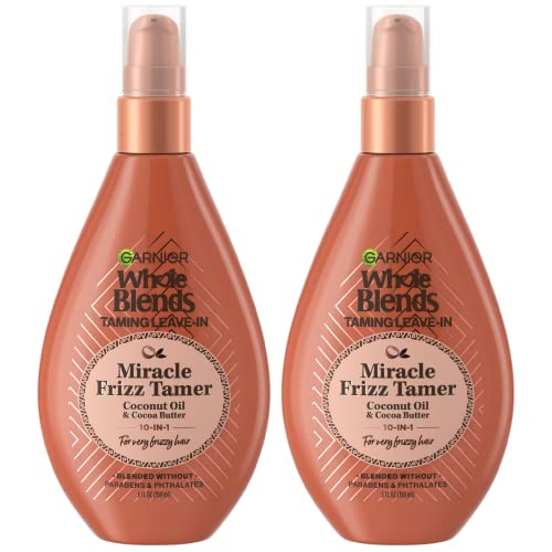 Garnier Haircare Whole Blends Sulfate Free Miracle Frizz Tamer 10-in-1 Frizz Taming Leave-In with Coconut Oil and Cocoa Butter, for Very Frizzy Hair, 2 Count (Packaging May Vary)