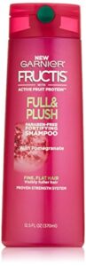 garnier fructis full and plush volumizing shampoo for oily, flat, fine hair, made with active fruit protein for fuller and healthy hair, vegan and cruelty free, 12.5 fl oz (370 ml)