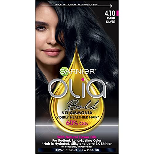 Garnier Olia Permanent Hair Color with Non-Drip Velvet Cream Formula, Bold Collection, Ammonia Free Dye, 4.10 Dark Silver