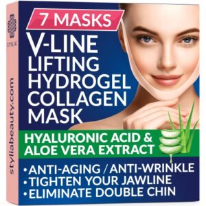 7 Piece V Line Shaping Face Masks - Double Chin Reducer - Lifting Hydrogel Collagen Mask with Aloe Vera, Anti-Aging and Anti-Wrinkle Band