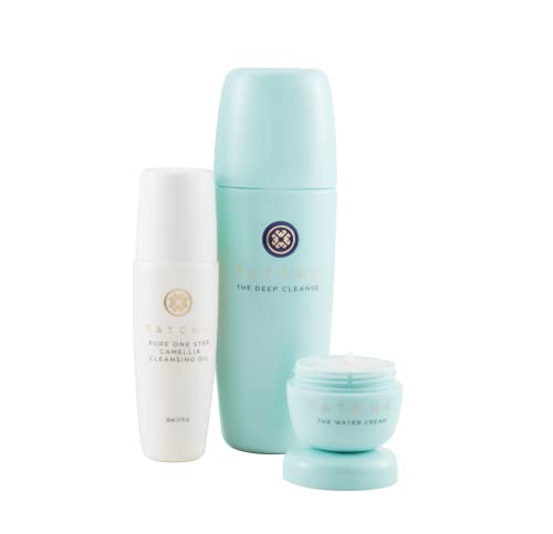 TATCHA Pore-Perfecting Double Cleanser + Hydrate Trio Set: The Deep Cleanse 5 oz, Pure One Step Camellia Cleansing Oil 1.7 oz & The Water Cream 0.33 oz