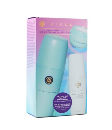 TATCHA Pore-Perfecting Double Cleanser + Hydrate Trio Set: The Deep Cleanse 5 oz, Pure One Step Camellia Cleansing Oil 1.7 oz & The Water Cream 0.33 oz