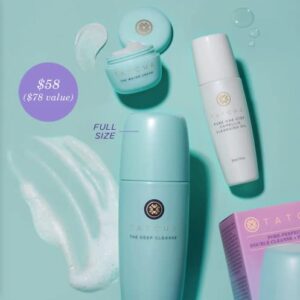 TATCHA Pore-Perfecting Double Cleanser + Hydrate Trio Set: The Deep Cleanse 5 oz, Pure One Step Camellia Cleansing Oil 1.7 oz & The Water Cream 0.33 oz