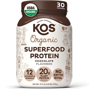 kos vegan protein powder erythritol free, chocolate – organic pea protein blend, plant based superfood rich in vitamins & minerals – keto, dairy free – meal replacement for women & men, 30 servings