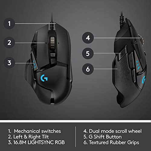 Logitech G502 HERO High Performance Wired Gaming Mouse, HERO 25K Sensor, 25,600 DPI, RGB, Adjustable Weights, 11 Programmable Buttons, On-Board Memory, PC / Mac, Black