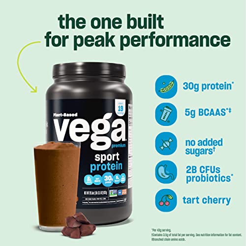 Vega Sport Premium Vegan Protein Powder Chocolate (19 Servings) 30g Protein, 5g BCAAs, Low Carb, Keto, Dairy/ Gluten Free, Non GMO, Pea Protein for Women & Men, 1.8 lbs (Packaging May Vary)