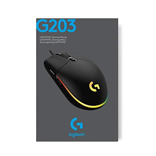 Logitech G203 Wired Gaming Mouse, 8,000 DPI, Rainbow Optical Effect LIGHTSYNC RGB, 6 Programmable Buttons, On-Board Memory, Screen Mapping, PC/Mac Computer and Laptop Compatible - Black