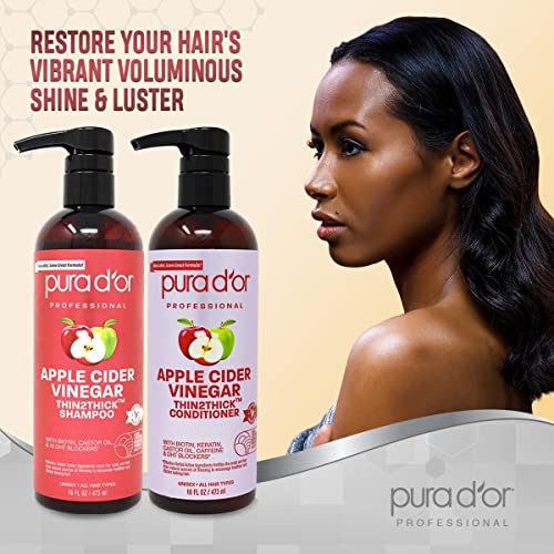 PURA D'OR Apple Cider Vinegar Thin2Thick Set (16oz x 2) ACV Shampoo & Conditioner, Clarifying, Detox - Biotin, Keratin, Caffeine, Castor Oil, Aloe - All Hair Types, Men & Women (Packaging may vary)