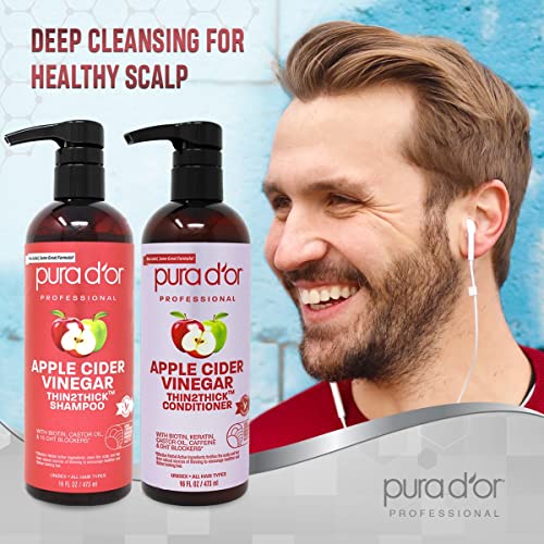 PURA D'OR Apple Cider Vinegar Thin2Thick Set (16oz x 2) ACV Shampoo & Conditioner, Clarifying, Detox - Biotin, Keratin, Caffeine, Castor Oil, Aloe - All Hair Types, Men & Women (Packaging may vary)