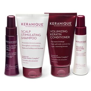 volumizing hair growth system by keranique includes keratin shampoo, conditioner, follicle boosting hair growth serum and instant volume lift and repair treatment spray paraben sulfate free