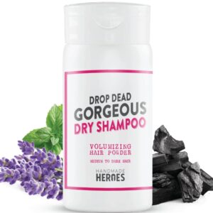 drop dead gorgeous non aerosol dry shampoo volume powder by handmade heroes | 2oz | 100% natural and vegan, sustainable and aerosol free | for medium and dark hair brunette | volumizing hair powder suitable for air travel, women and men