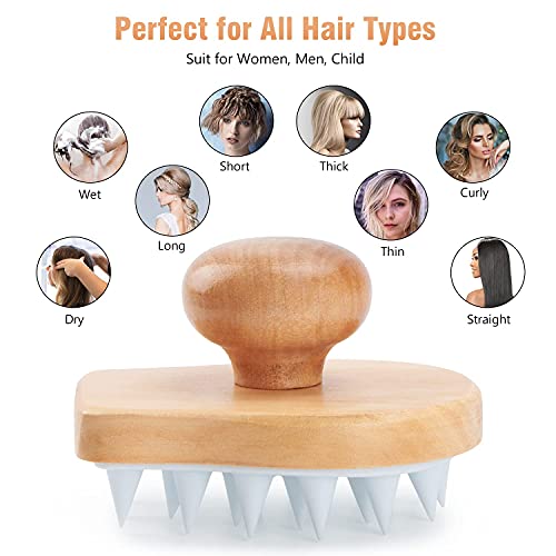 Scalp Massager Shampoo Brush, Wooden Wet and Dry Hair Scalp Care Brush, Shower Brush Scalp Scrubber Exfoliator with Soft Silicone Bristles for Dandruff Removal, Hair Growth (White)