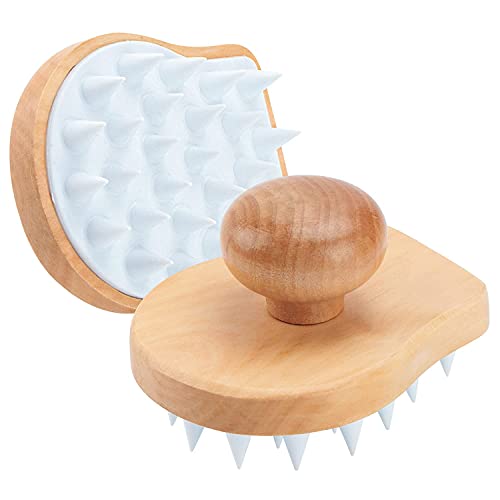 Scalp Massager Shampoo Brush, Wooden Wet and Dry Hair Scalp Care Brush, Shower Brush Scalp Scrubber Exfoliator with Soft Silicone Bristles for Dandruff Removal, Hair Growth (White)