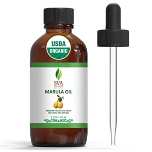 sva organics marula oil organic usda 4 oz pure natural cold pressed carrier unrefined luxury oil for face, body, lips, hair, nails, shampoo, conditioner, lotion, face serum