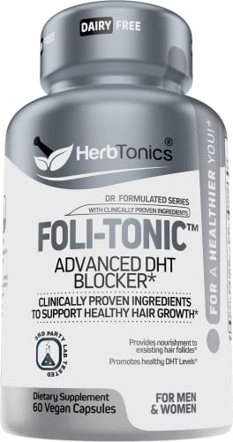 Foli-Tonic DHT Blocker & Hair Loss Supplement | Hair Thinning Treatment & Promotes Healthy Thicker Hair Growth | with Saw Palmetto & Biotin for Men & Women | 60 Vegan Capsules (60 Count (Pack of 1))