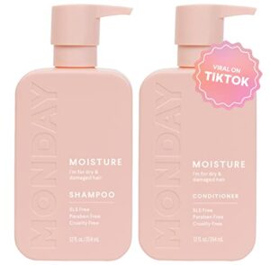 monday haircare moisture shampoo + conditioner set (2 pack) 12oz each, dry, coarse, stressed, coily & curly hair, made from coconut oil, rice protein, shea butter, & vitamin e, 100% recyclable bottles