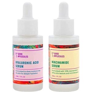 good molecules hyaluronic acid serum 1 oz. and niacinamide serum 1 oz. set. brighten, hydrate and smooth skin. lightweight and water based formula. vegan and cruelty free.