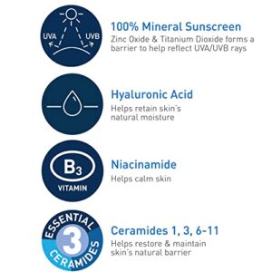 CeraVe 100% Mineral Sunscreen SPF 50 | Face Sunscreen with Zinc Oxide & Titanium Dioxide for Sensitive Skin | With Hyaluronic Acid, Niacinamide, and Ceramides | 2.5 oz