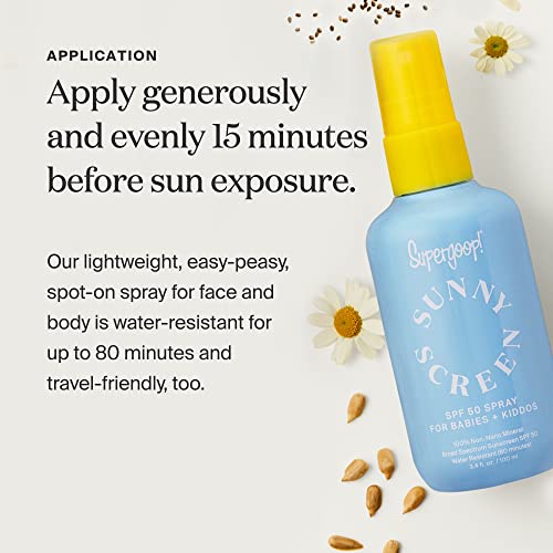 Supergoop ! Sunnyscreen 100% Mineral Spray SPF 50 - 3 . 4 fl oz , Pack of 2 - Face & Body Sunscreen for Babies & Kids - Pediatrician Tested , Hypoallergenic , Fragrance & Silicone Free