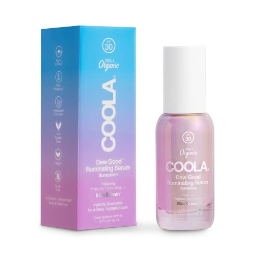 COOLA Organic Dew Good Illuminating Probiotic Serum with SPF 30, Dermatologist Tested Sunscreen with Plant-Derived BlueScreen Digital De-Stress Technology, 1.15 Fl Oz