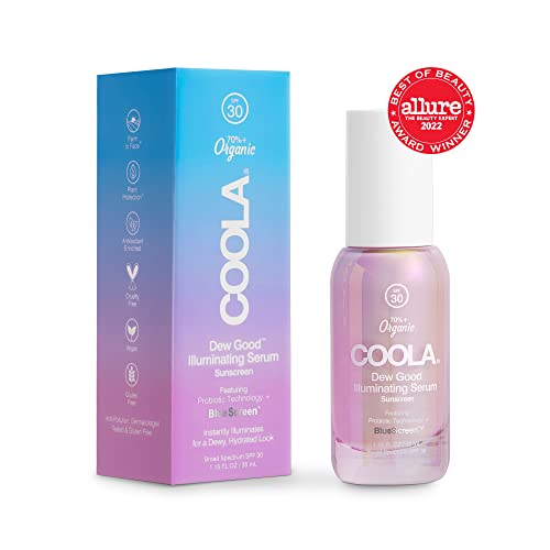 COOLA Organic Dew Good Illuminating Probiotic Serum with SPF 30, Dermatologist Tested Sunscreen with Plant-Derived BlueScreen Digital De-Stress Technology, 1.15 Fl Oz