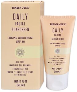 trader joe’s daily facial sunscreen broad spectrum spf 40 oil free invisible gel formula fragrance free water sweat resistant ”supergoop dupe”, 1.70 fl oz (pack of 1)