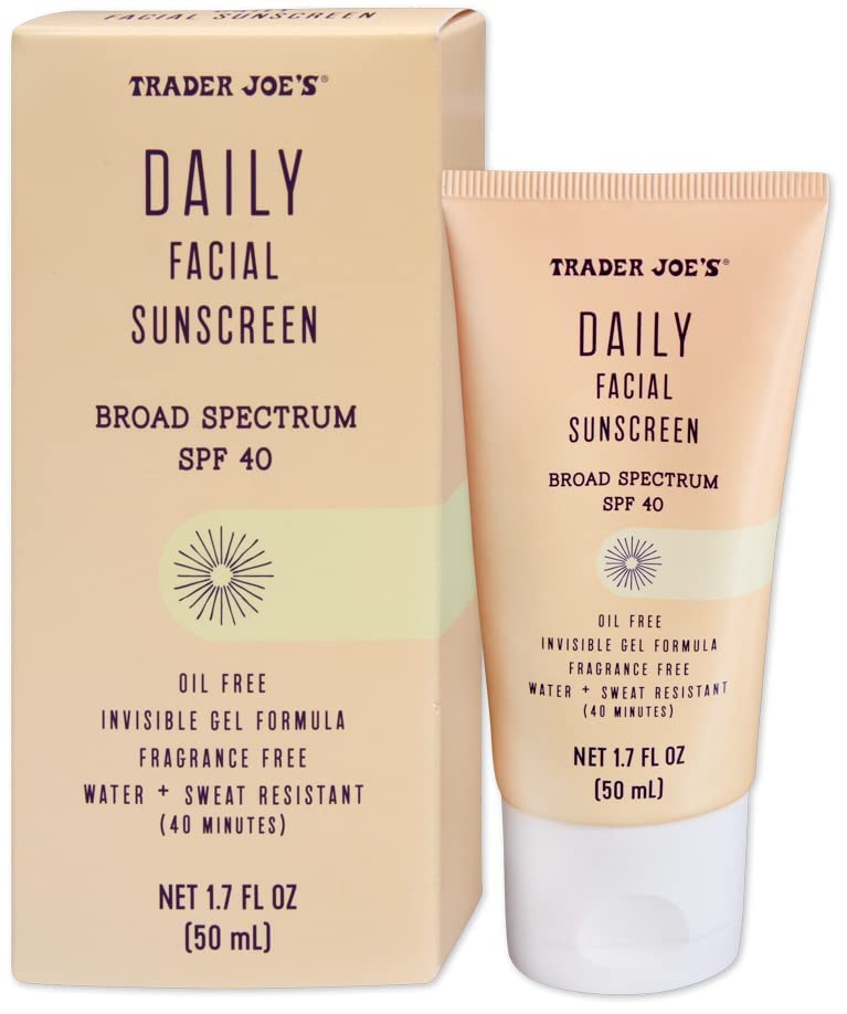 Trader Joe’s Daily Facial Sunscreen Broad Spectrum SPF 40 Oil Free Invisible Gel Formula Fragrance Free Water Sweat Resistant ''Supergoop Dupe'', 1.70 Fl Oz (Pack of 1)