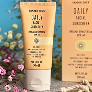 Trader Joe’s Daily Facial Sunscreen Broad Spectrum SPF 40 Oil Free Invisible Gel Formula Fragrance Free Water Sweat Resistant ''Supergoop Dupe'', 1.70 Fl Oz (Pack of 1)