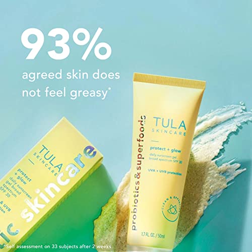 TULA Skin Care Protect + Glow Daily Sunscreen Gel Broad Spectrum SPF 30 | Skincare-First, Non-Greasy, Non-Comedogenic & Reef-Safe with Pollution & Blue Light Protection | 1.7 fl. oz.