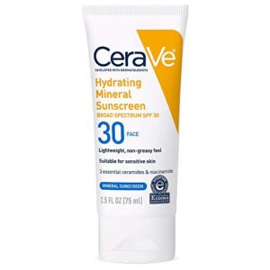 CeraVe 100% Mineral Sunscreen SPF 30 | Face Sunscreen with Zinc Oxide & Titanium Dioxide for Sensitive Skin | With Hyaluronic Acid, Niacinamide, and Ceramides | 2.5 oz