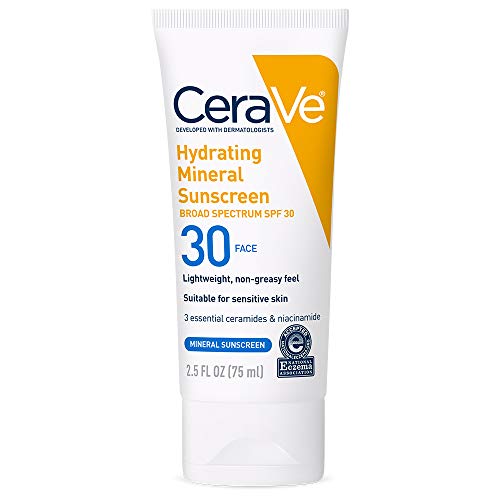 CeraVe 100% Mineral Sunscreen SPF 30 | Face Sunscreen with Zinc Oxide & Titanium Dioxide for Sensitive Skin | With Hyaluronic Acid, Niacinamide, and Ceramides | 2.5 oz