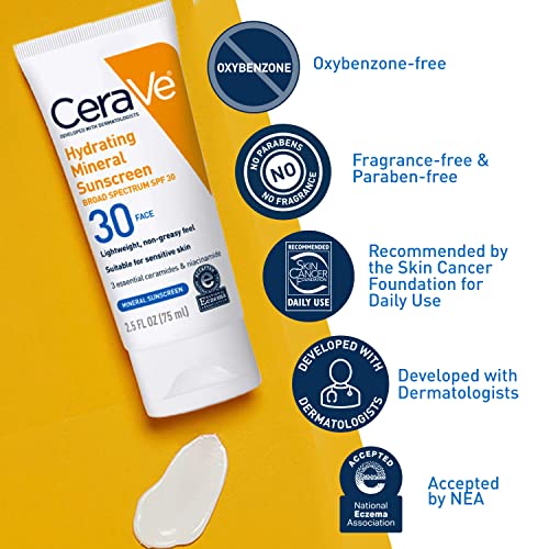 CeraVe 100% Mineral Sunscreen SPF 30 | Face Sunscreen with Zinc Oxide & Titanium Dioxide for Sensitive Skin | With Hyaluronic Acid, Niacinamide, and Ceramides | 2.5 oz