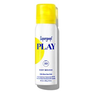 supergoop! play body mousse spf 50 with blue sea kale – 3 oz – reef-friendly, broad spectrum whipped sunscreen for sensitive skin – fun to apply – great for active days