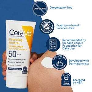 CeraVe 100% Mineral Sunscreen SPF 50 | Body Sunscreen with Zinc Oxide & Titanium Dioxide for Sensitive Skin | With Hyaluronic Acid and Ceramides | 5 oz