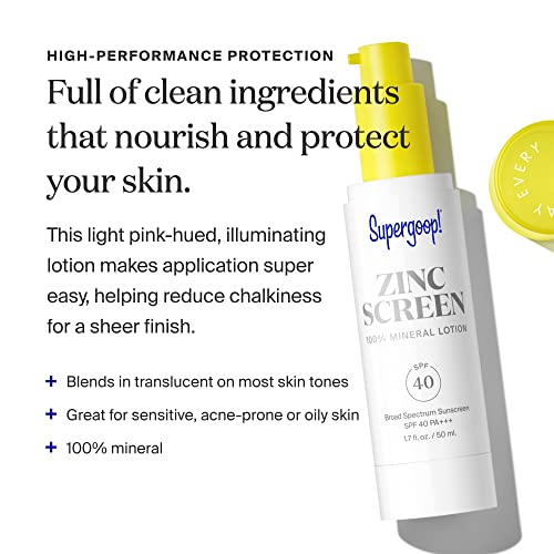 Supergoop! Zincscreen - 1.7 fl oz - SPF 40 PA+++ 100% Mineral Face Lotion & Broad Spectrum Sunscreen - Non-nano Zinc Oxide for Daily UV Protection - Lightweight, Blendable Formula with Pink Hue