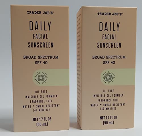 Trader Joe’s Daily Facial Sunscreen - Broad Spectrum SPF 40 - Oil Free Invisible Gel Formula - 1.70 Fl Oz (2-Pack)