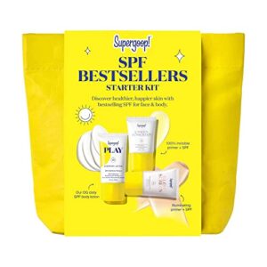 supergoop! spf bestsellers starter kit – reef-friendly, broad spectrum sunscreen for face & body – includes play everyday lotion spf 50, unseen sunscreen, glowscreen spf 40 & reusable pouch