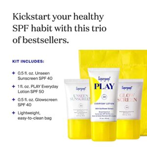 Supergoop! SPF Bestsellers Starter Kit - Reef-Friendly, Broad Spectrum Sunscreen for Face & Body - Includes Play Everyday Lotion SPF 50, Unseen Sunscreen, Glowscreen SPF 40 & Reusable Pouch